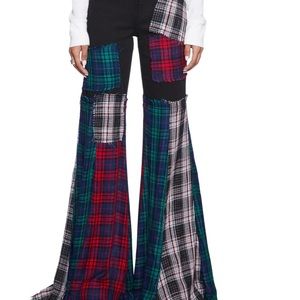 NWT DOLLS KILL -Current Mood- Plaid Patched Bell Bottoms XL
